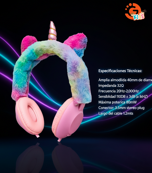 VINCHA AURICULAR GOLDTECH CABLEADA UNICORNIO PELUCHE