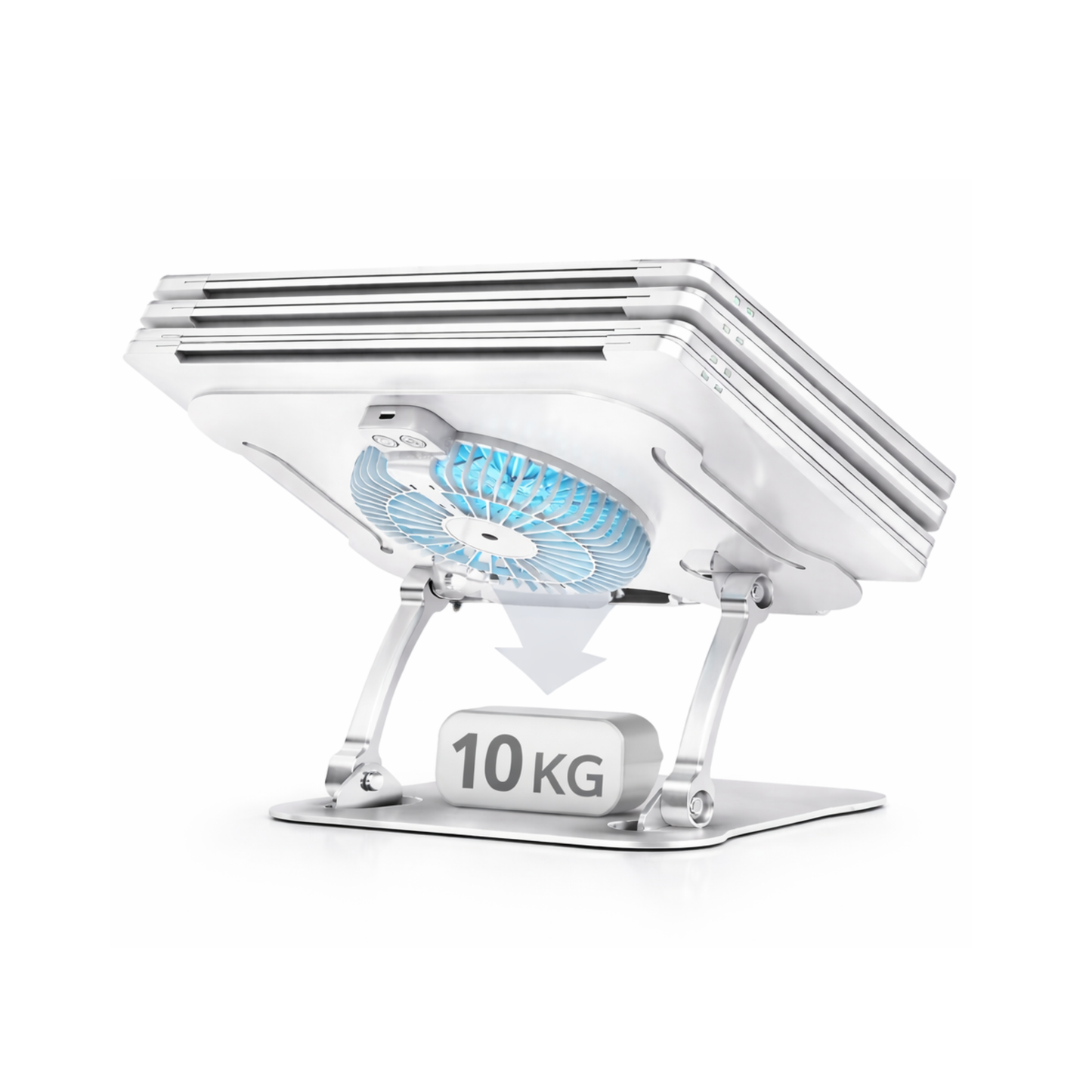 SOPORTE BANDEJA FAN COOLER DE ALUMINIO NOTEBOOK TABLETAS LUZ LED REGULABLE INCLINACION ALTURA 15"