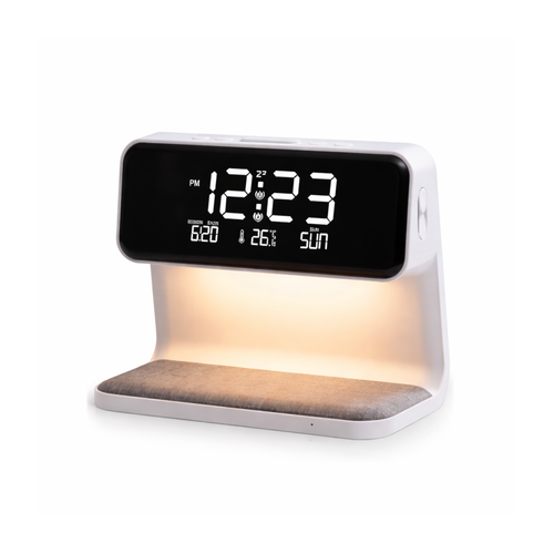 RELOJ DESPERTADOR CON CARGADOR INALAMBRICO QI DE CELULAR 3 EN 1 LUZ VELADORA LAMPARA LED MESA DE LUZ