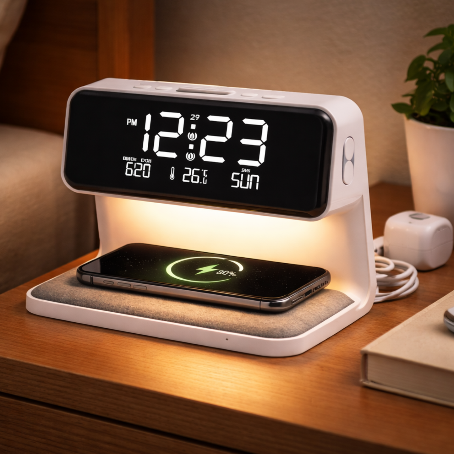 RELOJ DESPERTADOR CON CARGADOR INALAMBRICO QI DE CELULAR 3 EN 1 LUZ VELADORA LAMPARA LED MESA DE LUZ