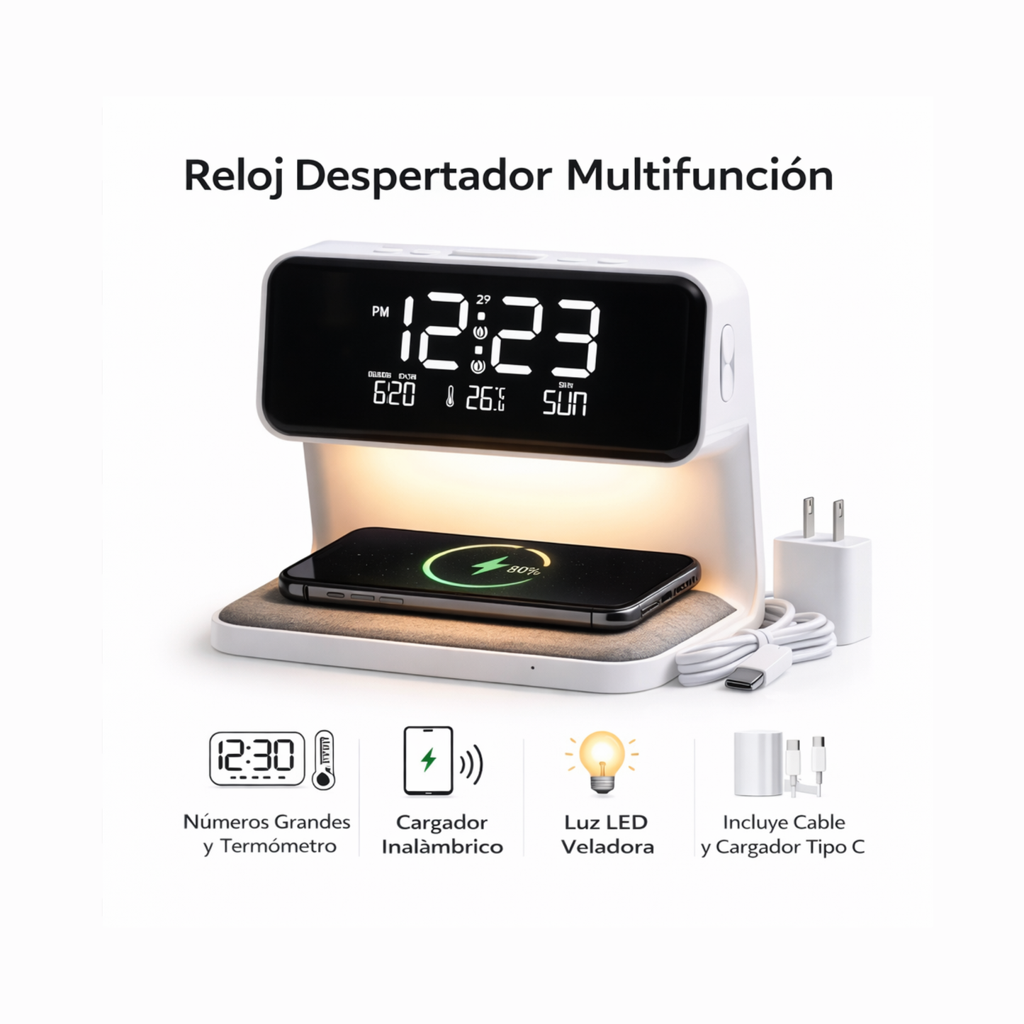 RELOJ DESPERTADOR CON CARGADOR INALAMBRICO QI DE CELULAR 3 EN 1 LUZ VELADORA LAMPARA LED MESA DE LUZ