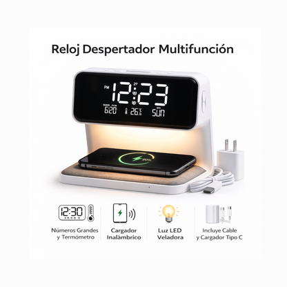 RELOJ DESPERTADOR CON CARGADOR INALAMBRICO QI DE CELULAR 3 EN 1 LUZ VELADORA LAMPARA LED MESA DE LUZ
