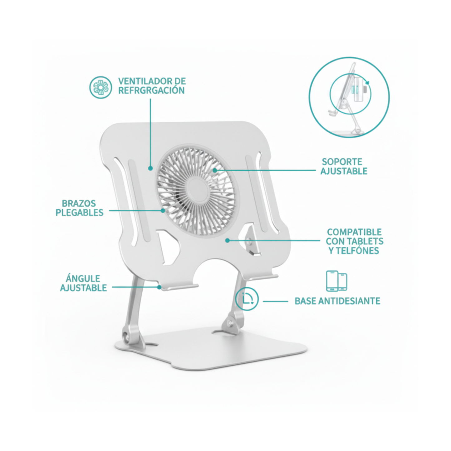 SOPORTE BANDEJA FAN COOLER DE ALUMINIO NOTEBOOK TABLETAS LUZ LED REGULABLE INCLINACION ALTURA 15"