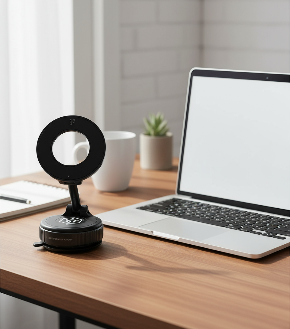 Soporte YT negro al lado de laptop en escritorio